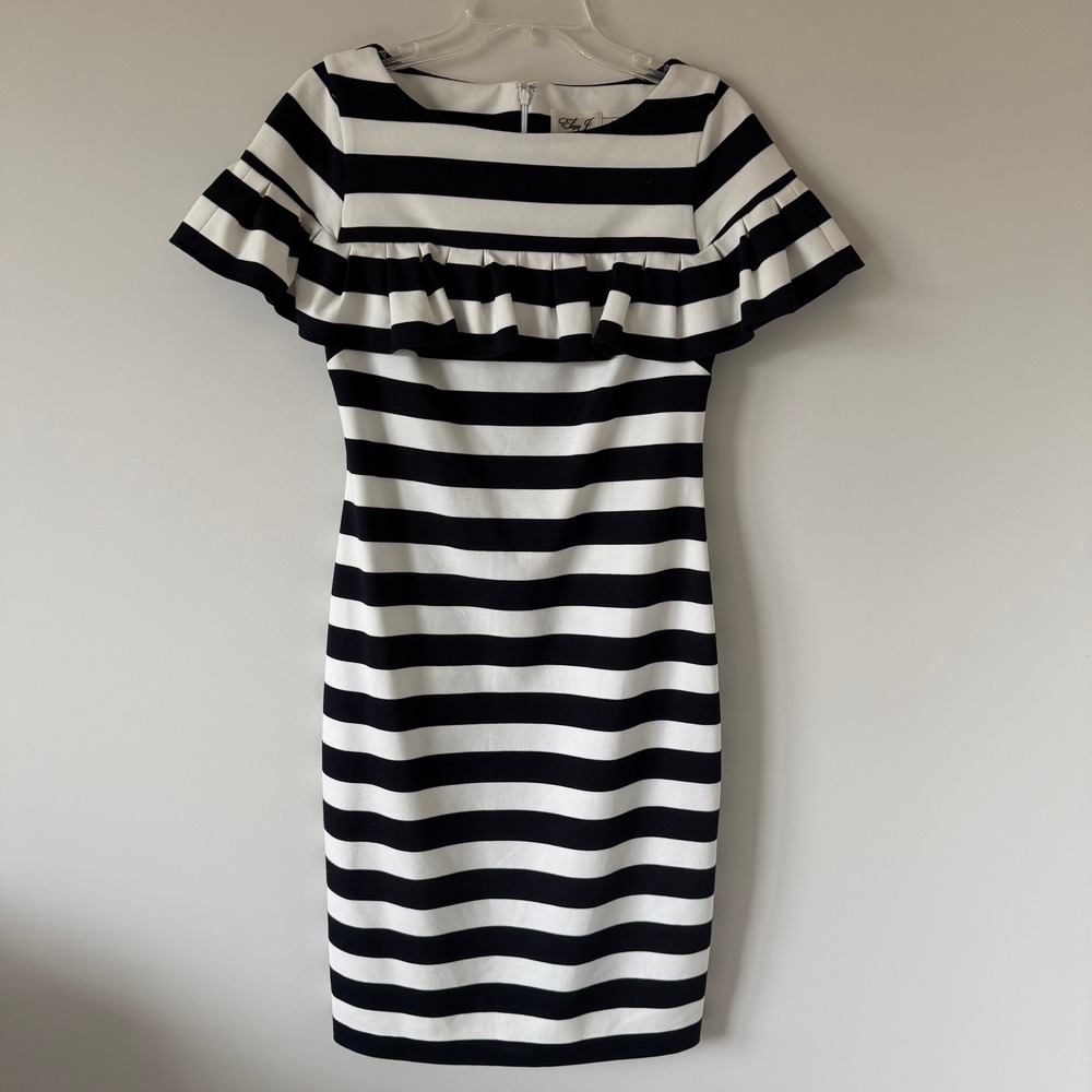 Eliza J Navy White Striped Ruffle Sheath Dress Size 8‎ Short Sleeve Knit